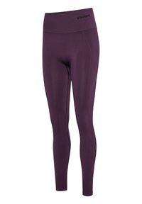 Lila Leggings mit hoher Taille, aus einem dehnbaren Stoff gefertigt. Sie verfügen über eine glatte Textur und subtile Seitennaht für einen figurbetonten Look.