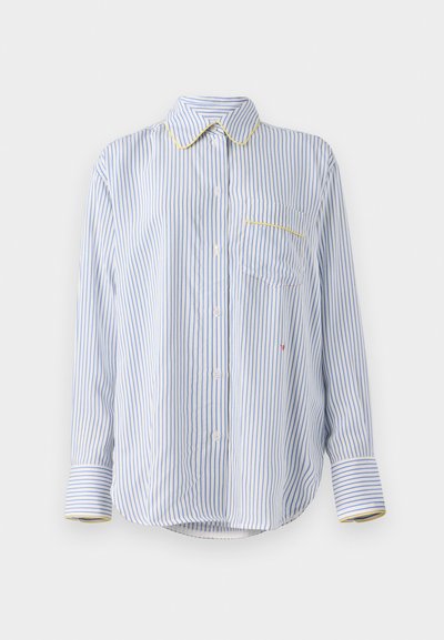 Dlhý rukáv modro-biely pruhovaný tričko s žltým golierom, jednou náprsnej vreckom a zapínaním na gombíky. Bavlnená látka.