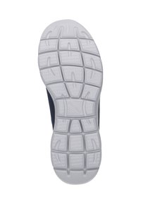 Marineblauer Schuh mit einem strukturierten Textilobermaterial und einer weißen Gummisohle. Die Sohle verfügt über ein Gittermuster für besseren Halt.