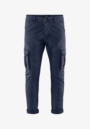 Marineblaue Cargo-Hosen aus einem glatten Stoff, mit mehreren Seitentaschen und umgeschlagenen Säumen für eine schmal zulaufende Passform.