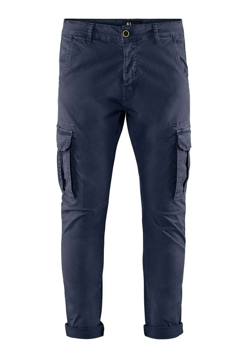 Marineblauwe cargobroek van stof met een gladde textuur, voorzien van meerdere zijzakken en opgerolde manchetten voor een taps toelopende pasvorm.