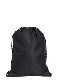 Bolsa de drawstring negra hecha de tejido texturizado, con correas de cordón en blanco y negro en contraste, y una parte superior ajustable para un cierre seguro.