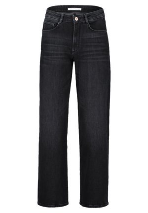 Schwarze Straight-Leg-Jeans aus Denim, mit Knopfverschluss, fünf Taschen und einem Standardbund. Glatte Textur mit minimaler Ausbleichung.