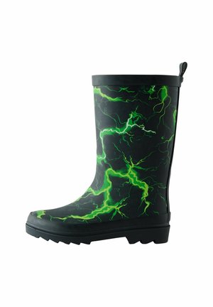 Botte de pluie en caoutchouc noir avec motif d'éclair vert vif et languette de traction à l'arrière, vue de côté.