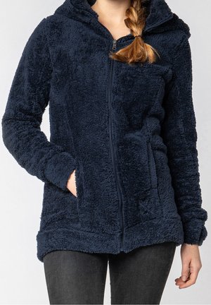 Veste à capuche zippée en polaire bleu marine avec une surface texturée et douce, dotée d'une capuche, de deux poches avant et d'une coupe décontractée.