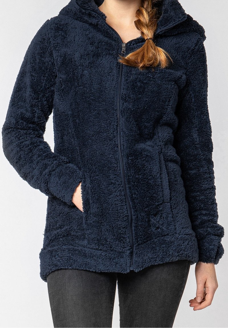 Navy blue fleece zip-up huppari, jossa on teksturoidun pehmeä pinta, hupullinen, kaksi etutaskua ja rento mitta.