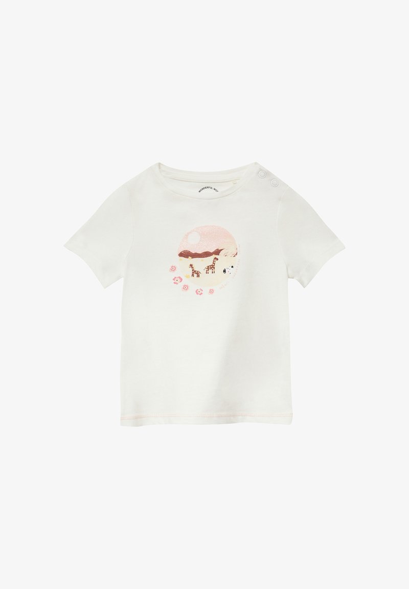 Weißes T-Shirt mit kurzen Ärmeln aus weichem Stoff, mit einem Druckdesign eines Sonnenuntergangs, das Giraffen und Blumen zeigt. Mit Schulterknöpfen.