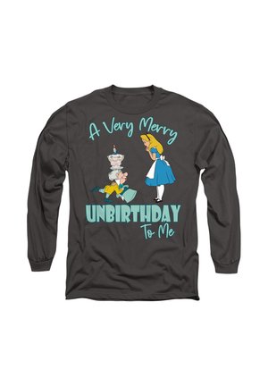 Long-sleeve gray shirt featuring cartoon characters and text "A Very Merry UNBIRTHDAY To Me" in turquoise and white. Notable cake design on a character's head.