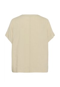 Chemise en lin beige, coupe décontractée, manches courtes, encolure ronde, texture lisse, coutures soignées et un design simple et sans embellissement.