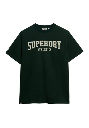 T-shirt in cotone verde scuro con maniche corte, con il logo colore crema "SUPERDRY ATHLETICS" stampato sul petto.