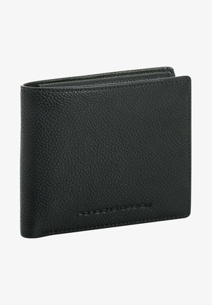 Black leather wallet with a textured surface, bi-fold design, visible stitching, and embossed branding on the front.