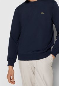 Námořnická modrá mikina s kulatým výstřihem, dlouhými rukávy, žebrovanými manžetami a lemem. Na hrudi se nachází malé zelené logo Lacoste.