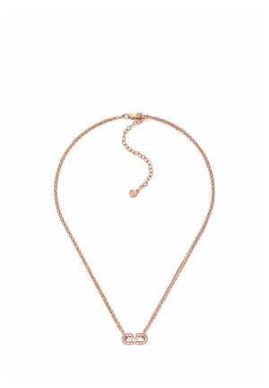 Collar de cadena de oro rosa con dos eslabones ovalados entrelazados y cierre ajustable sobre un fondo blanco.