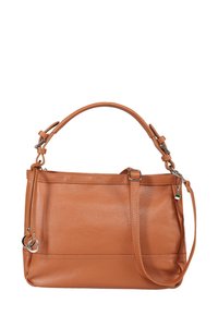 Handtasche aus cognacfarbenem Leder mit strukturierter Oberfläche, zwei Griffen, verstellbarem Schulterriemen und silberfarbenen Hardware-Akzenten. Glattes, elegantes Design.