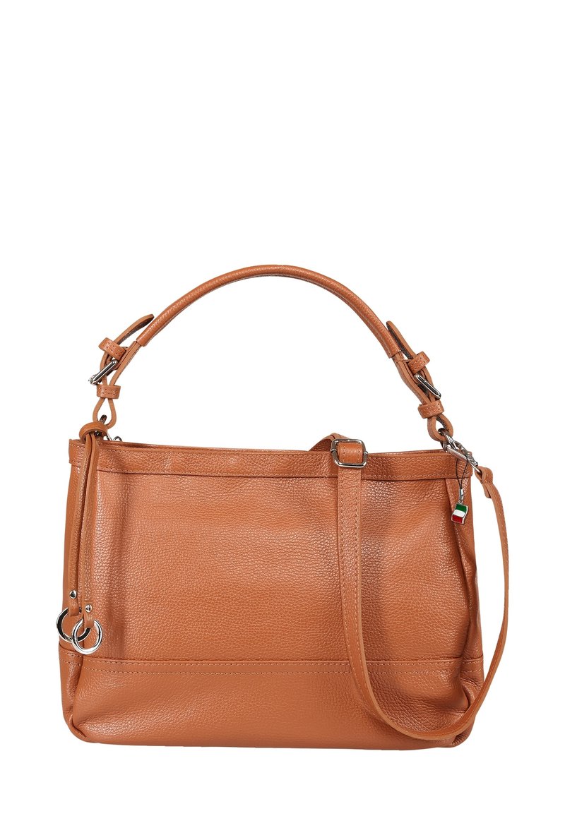 Handtasche aus cognacfarbenem Leder mit strukturierter Oberfläche, zwei Griffen, verstellbarem Schulterriemen und silberfarbenen Hardware-Akzenten. Glattes, elegantes Design.