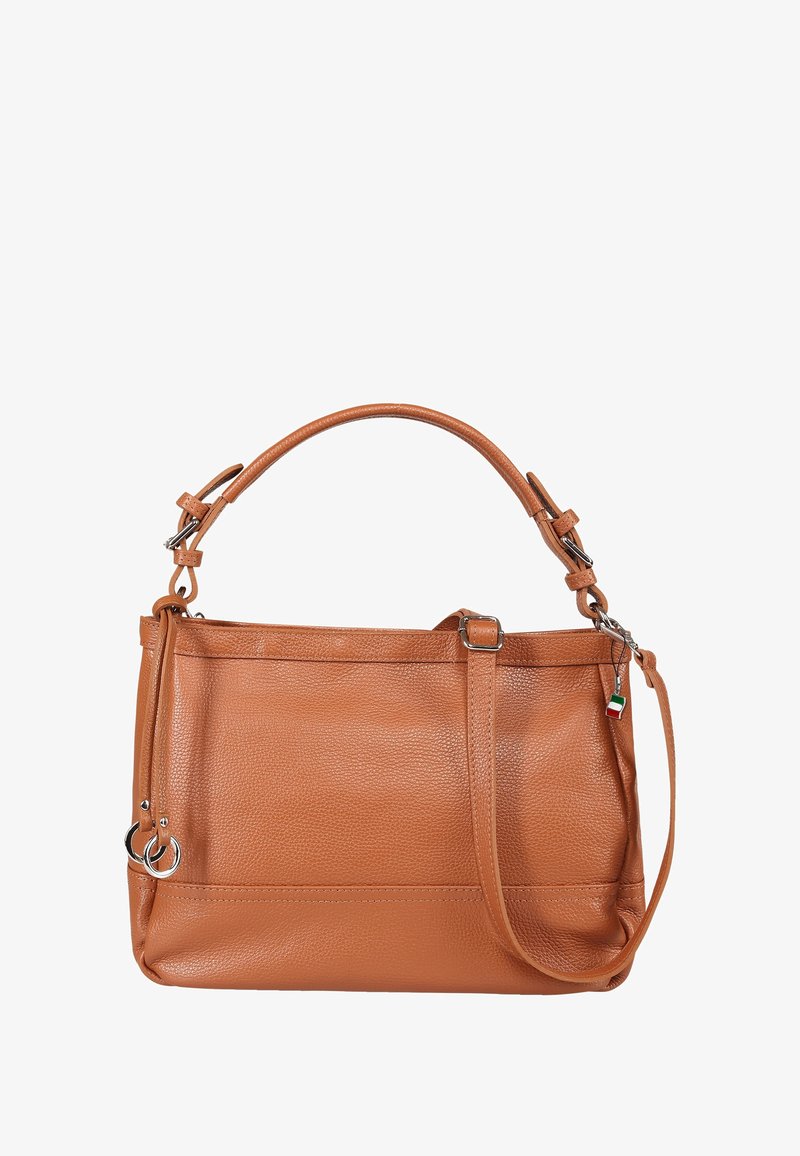 Handtasche aus cognacfarbenem Leder mit strukturierter Oberfläche, zwei Griffen, verstellbarem Schulterriemen und silberfarbenen Hardware-Akzenten. Glattes, elegantes Design.