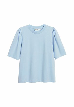 Hellblaues Kurzarmhemd mit gerafften Schulterdetails und rundem Halsausschnitt, Größe klein, schlichtes Design.