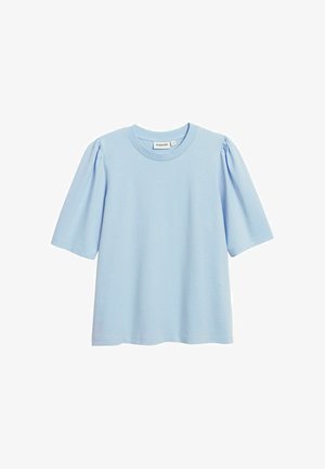 Lichtblauw shirt met korte mouwen, geplooide schouderdetails en een ronde hals, maat small, eenvoudig ontwerp.