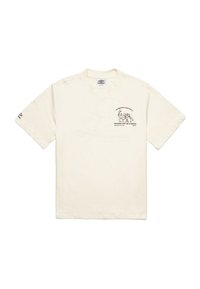 Cream-colored cotton t-shirt with crew neckline. Features a graphic in black text on the left chest and one sleeve. Short sleeves and standard fit.