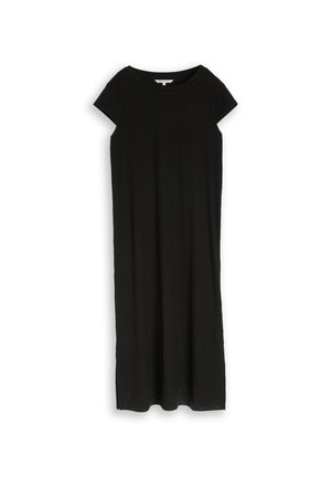 Black short-sleeve midi dress with round neckline, straight cut, and subtle textured fabric, displayed flat on a white background.