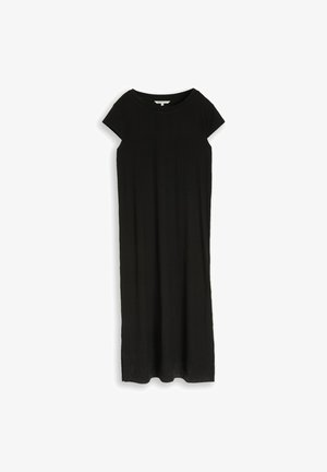 Black short-sleeve midi dress with round neckline, straight cut, and subtle textured fabric, displayed flat on a white background.