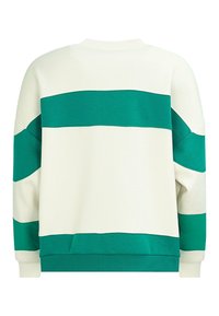 Bluza z okrągłym dekoltem w kolorze kremowym z dwoma zielonymi poziomymi paskami. Posiada ściągacze na mankietach i u dołu, wykonana z miękkiej tkaniny bawełnianej.