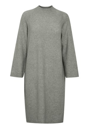 Harmaa neulemekko, jossa on korkea kaulus, pitkät hihat ja rento istuvuus. Sileä pinta, jossa ribbumaiset hihansuut ja helma. Minimalistinen muotoilu.