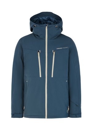 Giacca impermeabile blu con cappuccio, zip di colore chiaro, tasche con zip e accenti perforati sul cappuccio per la ventilazione.