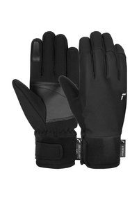 Schwarze Handschuhe aus weichem Material, mit strukturiertem Griff, verstellbaren Handgelenkriemen und einem eleganten Design mit verstärkten Palmenelementen.