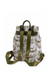 Nahrbtnik z belim platnom, ki prikazuje vzorec gozdnih živali, z zelenimi dodatki in naramnicami. Vključuje zgornji ročaj in nastavljive naramnice.