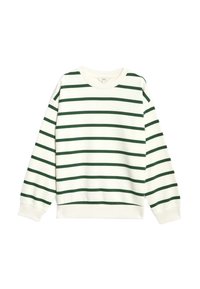 Weißes Sweatshirt mit horizontalen dunkelgrünen Streifen, rundem Ausschnitt, gerippten Bündchen und Saum. Hergestellt aus weichem Stoff mit lässiger Passform.