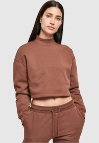 Bruine cropped sweatshirt met een hoge hals, lange mouwen en geribbelde details. Materiaal lijkt zacht en gestructureerd, geschikt voor casual draagmomenten.