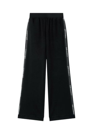 Pantaloni neri a gamba larga con vita elastica e strisce con il logo bianco EA7 Emporio Armani che corrono lungo ogni cucitura laterale.