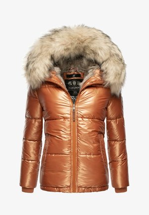 Geacă puffer bronz cu guler din blană sintetică, textură matlasată, fermoar în față și buzunare laterale. Căptușeala are o etichetă cu un model.