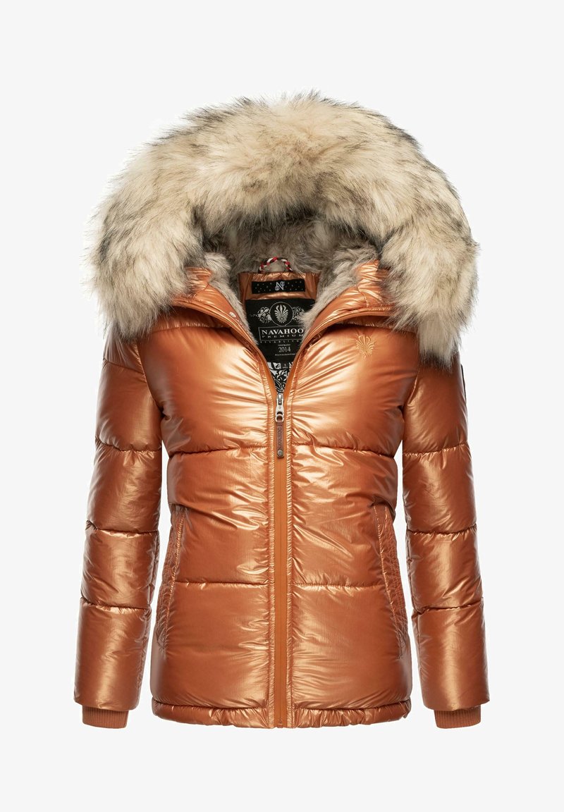 Bronze puffer jacket with faux fur trim on hood, quilted texture, zippered front, and side pockets. Lining features a patterned tag.