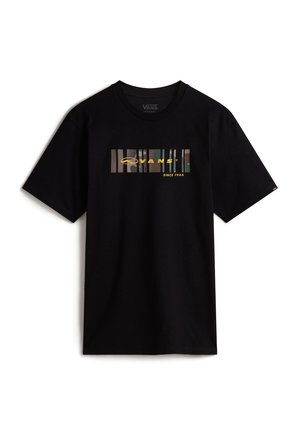 Czarny bawełniany t-shirt z centralnym nadrukiem przedstawiającym logo Vans w żółtym i stonowanych kolorach, z napisem "SINCE 1966" poniżej. Krótkie rękawy.