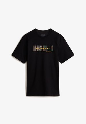 Black cotton t-shirt featuring a central graphic with the Vans logo in yellow and muted colors, with "SINCE 1966" text below. Short sleeves.