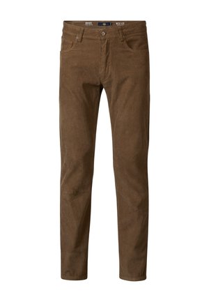 Bruine corduroy broek met een rechte pijp, voorzien van een knoopsluiting, voorzakken en subtiele verticale ribbels in de stofstructuur.