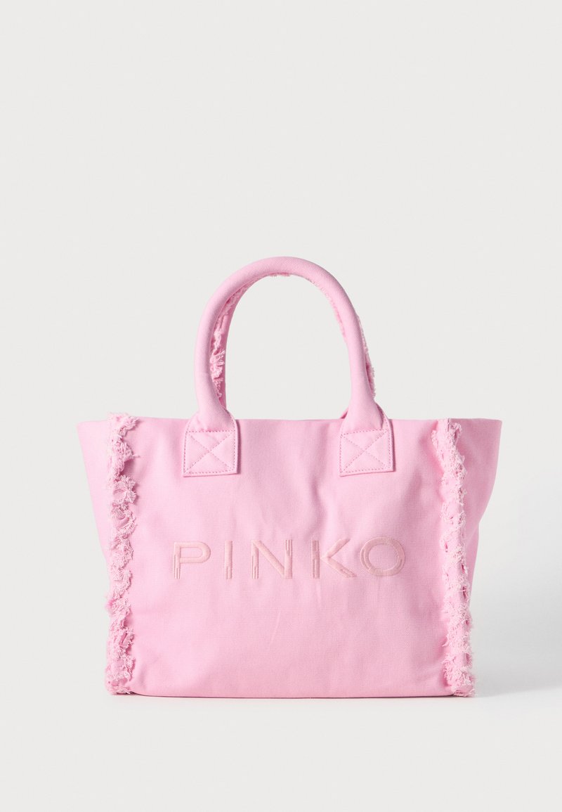 Ροζ καμβάς τσάντα tote με φθαρμένες λεπτομέρειες στις άκρες και ανάγλυφο λογότυπο "PINKO". Στρογγυλές λαβές για εύκολη μεταφορά.
