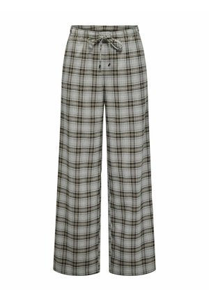 Plaid wide-leg pants in grey, black, and brown. Features an elastic waistband with a drawstring. Made from a soft, lightweight fabric.