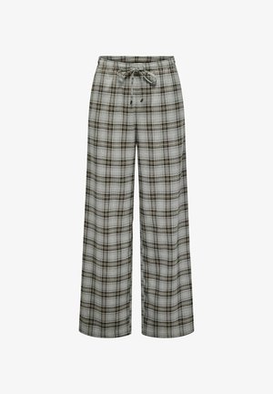Plaid wide-leg pants in grey, black, and brown. Features an elastic waistband with a drawstring. Made from a soft, lightweight fabric.