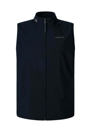 Zwarte mouwloze vest met hoge kraag, vooraan met ritssluiting, Hackett-logo in het rood op de linkerborst, gemaakt van glad, lichtgewicht materiaal.