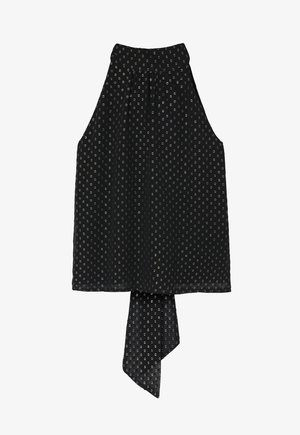 Zwarte mouwloze top met een zilveren stippenpatroon, hoge hals en een lange strik achteraan. Gemaakt van een lichte stof met een gladde textuur.