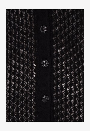 Fekete kötött kardigán texturált, nyitott mintázattal. Az elején öt fekete gomb található. Puha anyagból készült és bordázott részletekkel.