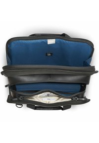 Borsa per laptop nera con interno blu, dotata di scomparti multipli, esterno testurizzato e chiusure a zip. Logo Delsey visibile.