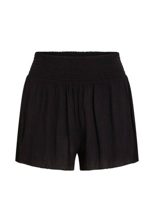 Shorts noirs en tissu léger, avec une ceinture froncée et une coupe ample, dotés d'une surface douce et légèrement texturée.