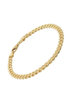 Goldfarbene, dicke Panzerkettenglieder-Armband mit Karabinerverschluss, kreisförmig auf weißem Hintergrund angeordnet.