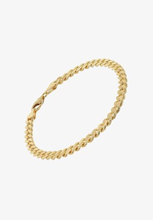 Goldfarbene, dicke Panzerkettenglieder-Armband mit Karabinerverschluss, kreisförmig auf weißem Hintergrund angeordnet.