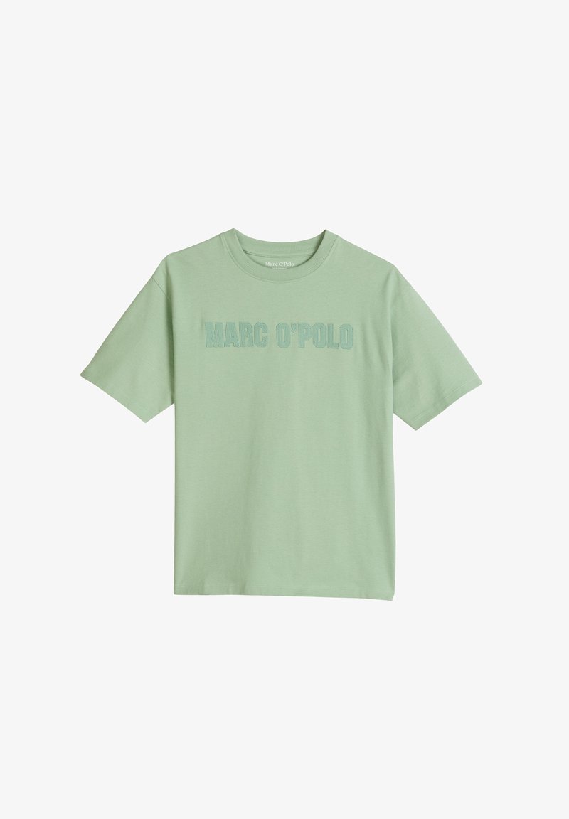 T-shirt manches courtes vert menthe avec encolure ronde et inscription "MARC O'POLO" embossée sur la poitrine dans la même couleur.