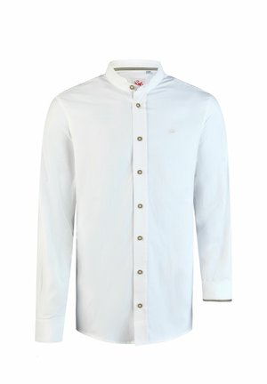 Chemise blanche à manches longues avec col mandarin, boutons sur le devant et logo brodé subtil sur la poitrine gauche.